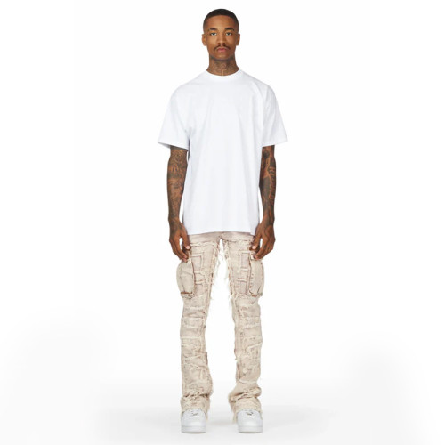Custom Beige Cargo Flared Jeans with Distressed Panel Details