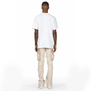 Custom Beige Cargo Flared Jeans with Distressed Panel Details