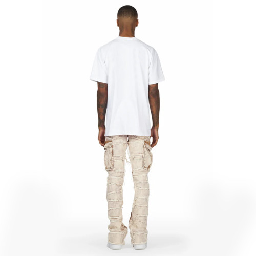 Custom Beige Cargo Flared Jeans with Distressed Panel Details