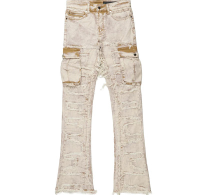 Custom Beige Cargo Flared Jeans with Distressed Panel Details