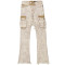 Custom Beige Cargo Flared Jeans with Distressed Panel Details