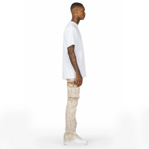 Custom Beige Cargo Flared Jeans with Distressed Panel Details