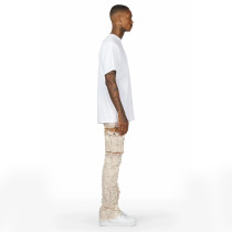 Custom Beige Cargo Flared Jeans with Distressed Panel Details