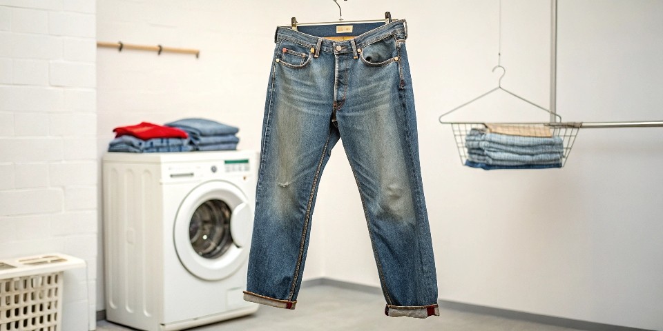 A pair of old, faded Levi's jeans hanging on a hook, showing years of wear.