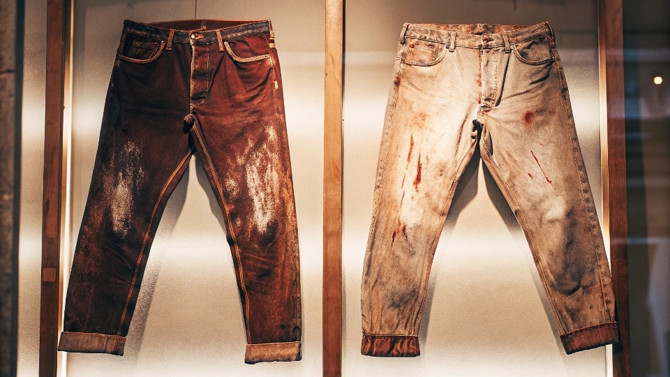 A pair of very old, beautifully faded raw denim jeans displayed as a piece of art.
