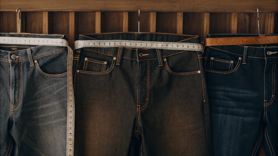A measuring tape laid across the waists of three pairs of jeans, all labeled 'Size 32' but with visibly different widths.