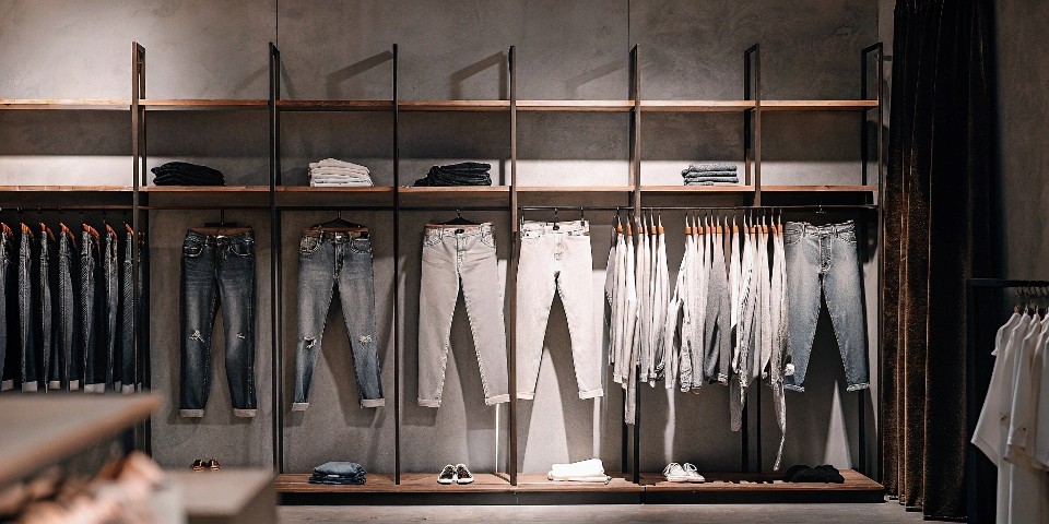A curated rack of high-end and niche denim brands in a modern boutique clothing store.