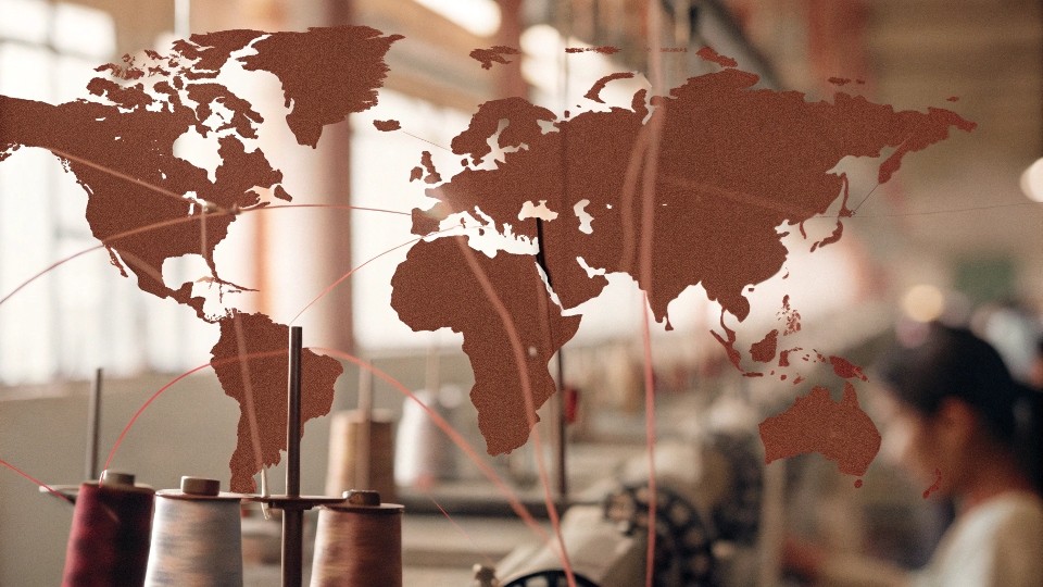 A world map with pins on various countries where jeans are manufactured, like Mexico, Vietnam, and China.