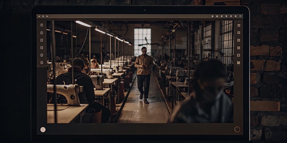 A screenshot of a live video call, showing a factory manager walking through the sewing floor.