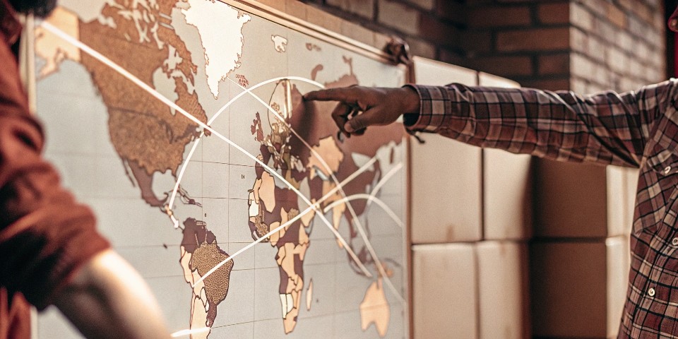 A world map with shipping routes highlighted, originating prominently from China and also from Turkey, Bangladesh, and Mexico.