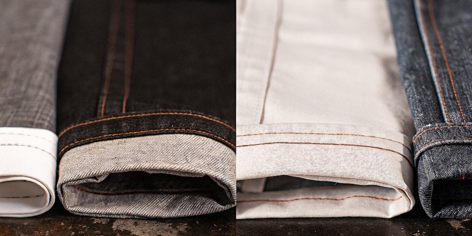 A close-up collage of four different denim fabrics, each representing a different region: a Chinese tech-fabric, Japanese selvedge, Turkish stretch, and American raw denim.