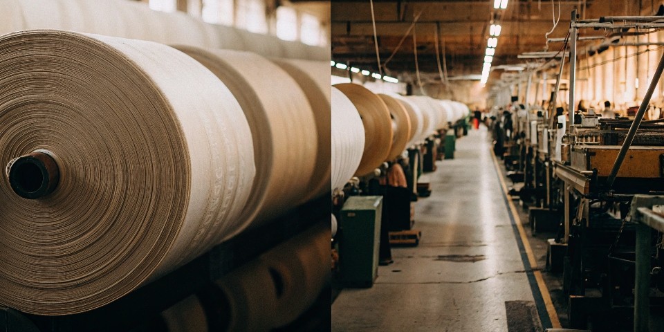 A split-screen image: on the left, massive rolls of denim in a fabric mill; on the right, a vast garment factory floor with thousands of workers.