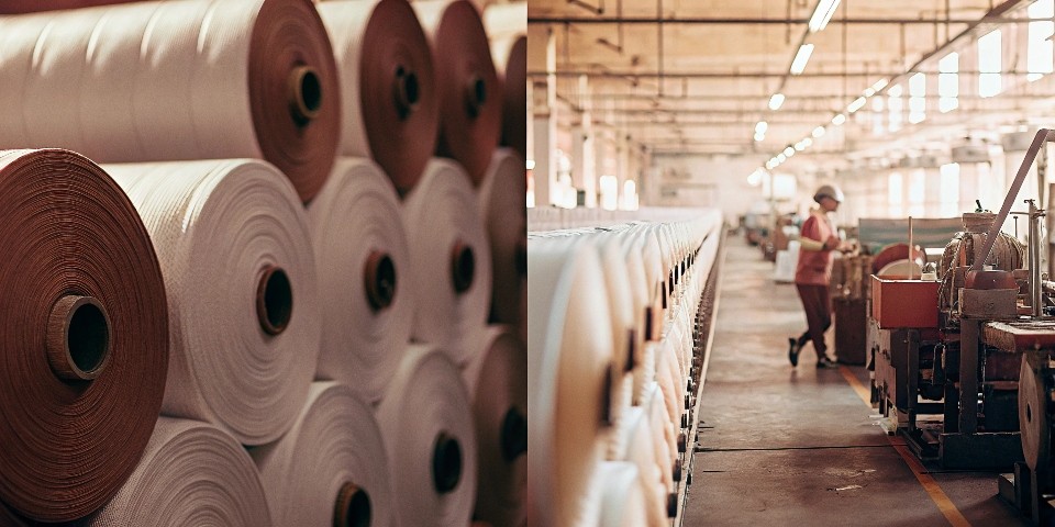 A panoramic view of a denim factory, showing rolls of fabric on one side and a sewing production line on the other.