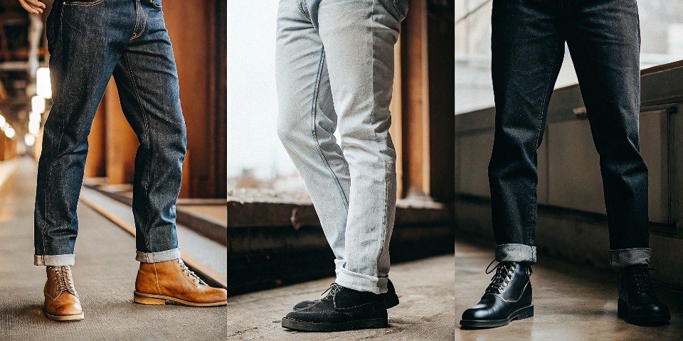 A triptych showing three styles of men's jeans: dark raw selvedge, classic blue wash, and modern black stretch denim.