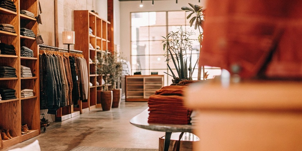 The interior of a cool, well-lit independent denim boutique with carefully curated jeans on display.