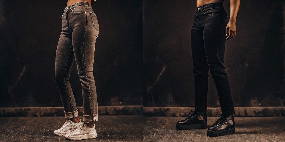 A split image showing a Millennial in tight skinny jeans next to a Gen Z individual in loose, baggy, stacked jeans and chunky sneakers.