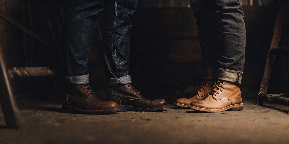 A side-by-side comparison: on the left, jeans that fit with a perfect "stack"; on the right, the same jeans on a shorter person, dragging on the floor.