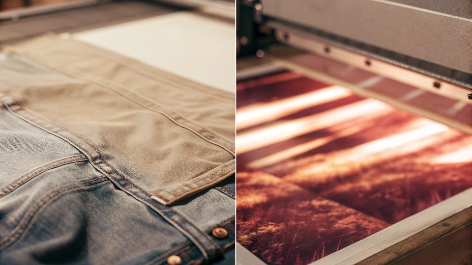 A side-by-side comparison showing a photographic DTG print and a bold, graphic screen print on denim fabric.