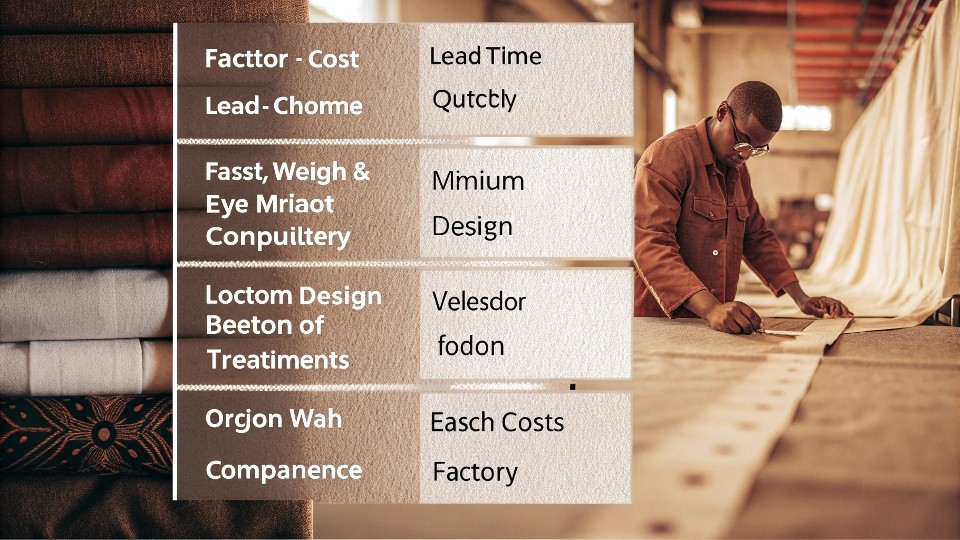 Key factors influencing cost, lead time, and minimum order quantities (MOQs) include fabric choice (weight, origin, dye method)