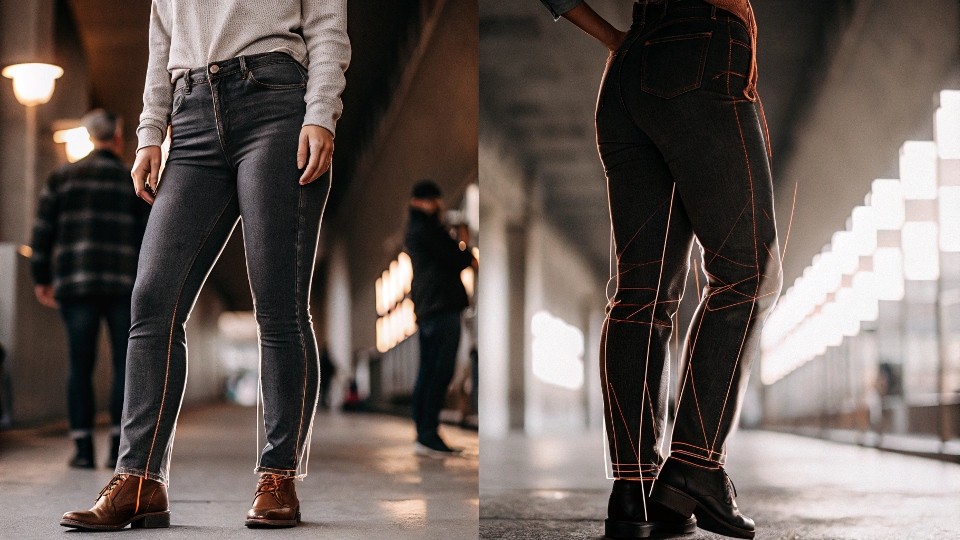 Women’s jeans feature a higher waist-to-hip ratio, contoured rise, and tapered or flared leg shapes to accommodate female anatomy, while men’s jeans use straighter cuts, lower rises, and roomier thighs.