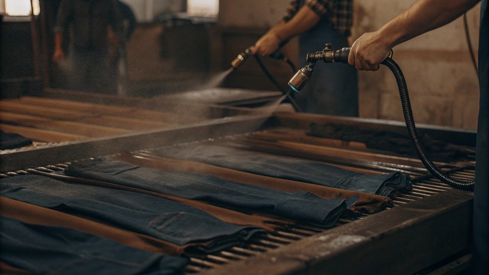 Valabasas employs multi-step wash sequences—enzymatic, hand-sanded, laser whiskering, and ozone bleaching—each requiring specialized equipment and skilled labor. 