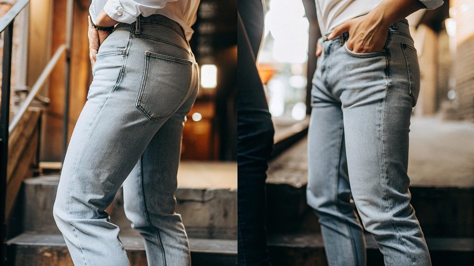 Jeans should allow enough room in the thigh for comfortable movement but remain proportional to the cut.