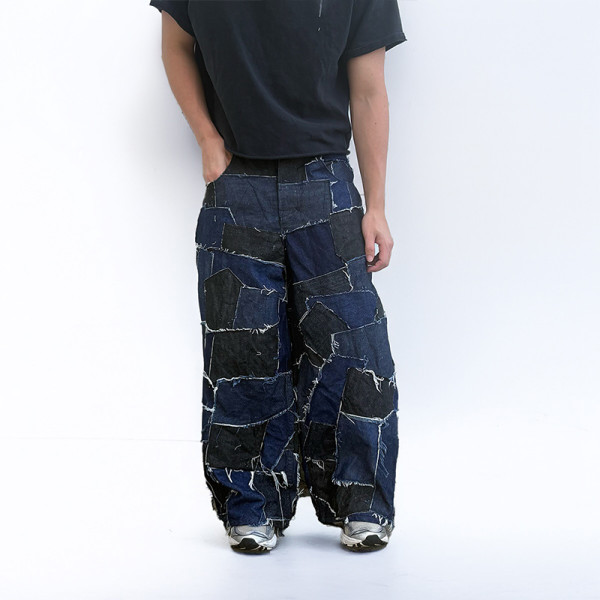 OEM & ODM Custom Blue Irregular Patchwork Jeans for Wholesale