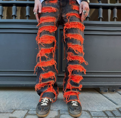 Custom Red Patchwork Denim Jeans - Services for Brands and Wholesalers