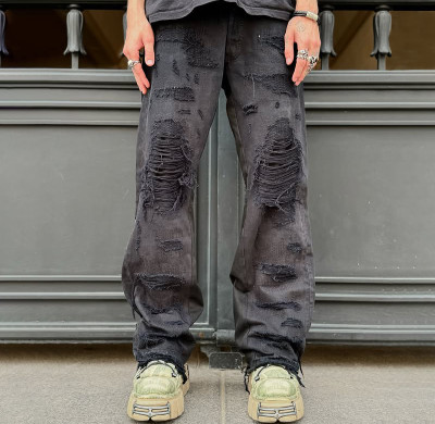 Wholesale Custom Loose Fit Distressed Grey Denim Jeans - OEM/ODM Services