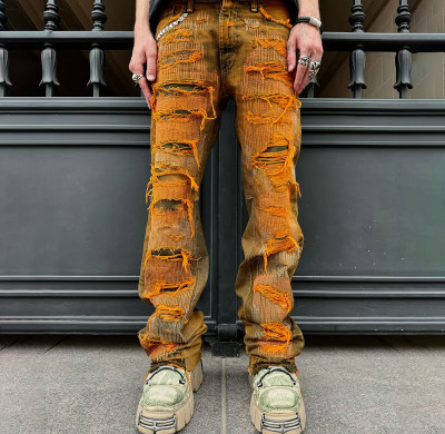 Custom OEM/ODM Mud Yellow Distressed Jeans for Brands & Wholesalers