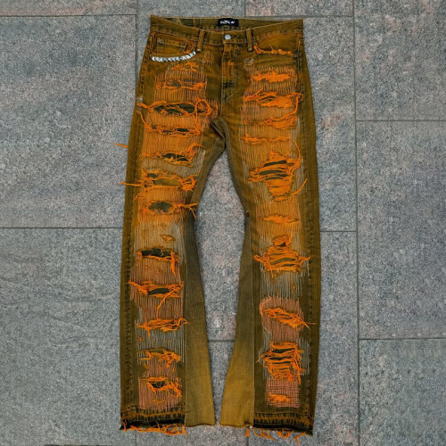 Custom OEM/ODM Mud Yellow Distressed Jeans for Brands & Wholesalers