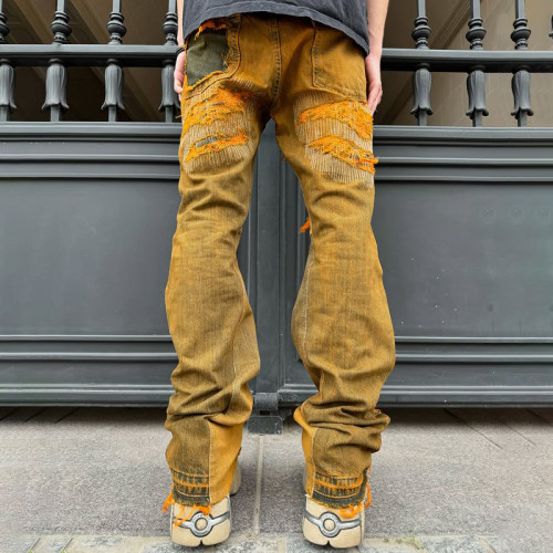 Custom OEM/ODM Mud Yellow Distressed Jeans for Brands & Wholesalers