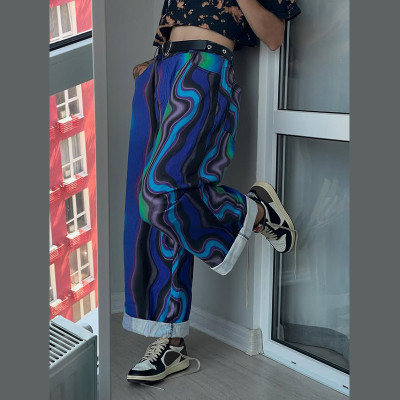 OEM/ODM Custom Blue Printed Loose Denim Jeans