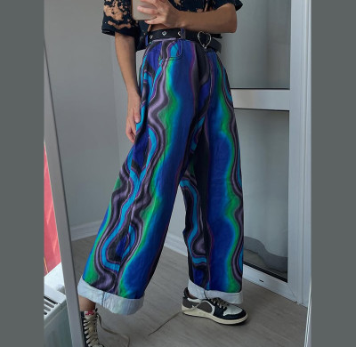 OEM/ODM Custom Blue Printed Loose Denim Jeans