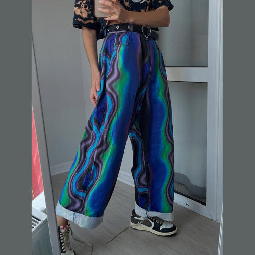 OEM/ODM Custom Blue Printed Loose Denim Jeans