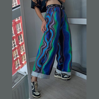 OEM/ODM Custom Blue Printed Loose Denim Jeans