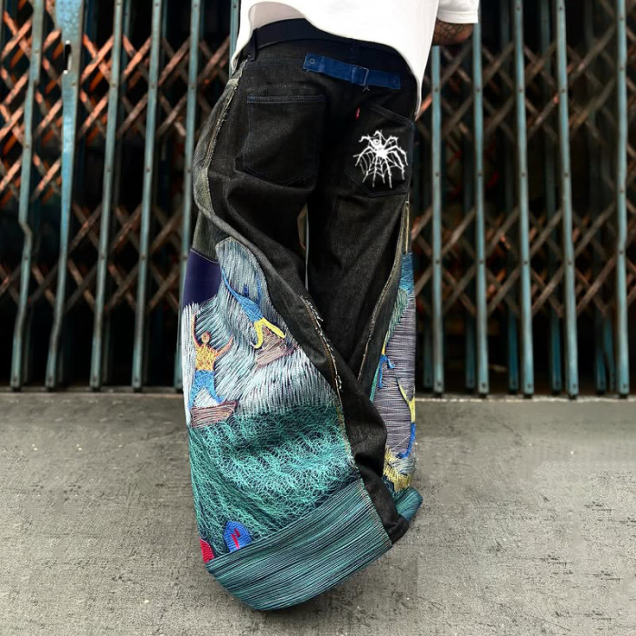 Custom OEM/ODM Wide Leg Denim Jeans with Green and Black Split Embroidery