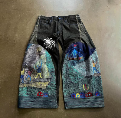 Custom OEM/ODM Wide Leg Denim Jeans with Green and Black Split Embroidery