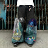 Custom OEM/ODM Wide Leg Denim Jeans with Green and Black Split Embroidery