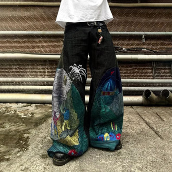 Custom OEM/ODM Wide Leg Denim Jeans with Green and Black Split Embroidery