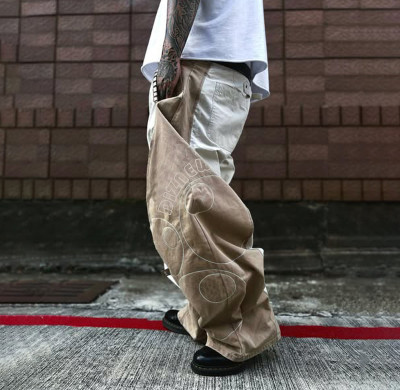 Custom White and Light Brown Color Block Wide Leg Jeans