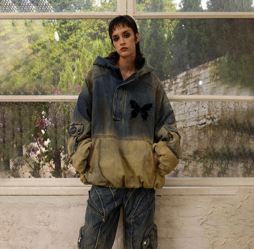 OEM & ODM Services for Custom Gray-Blue and Mud Yellow Color Block Denim Jacket