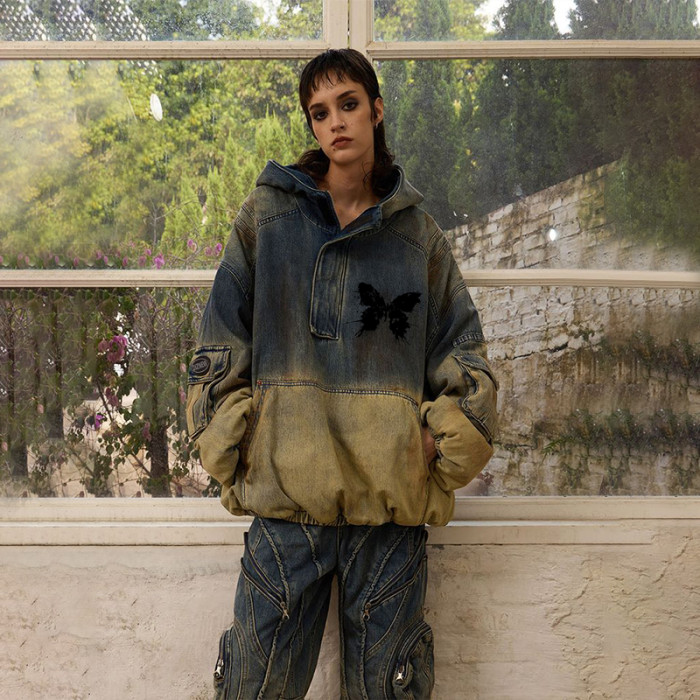 OEM & ODM Services for Custom Gray-Blue and Mud Yellow Color Block Denim Jacket