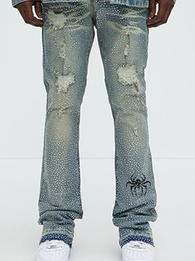 Rhinestone-Embellish Ripped Stacked Jeans