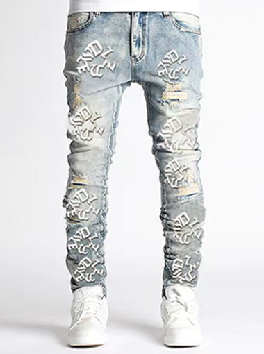 Wash Blue Stacked Jeans with Letters