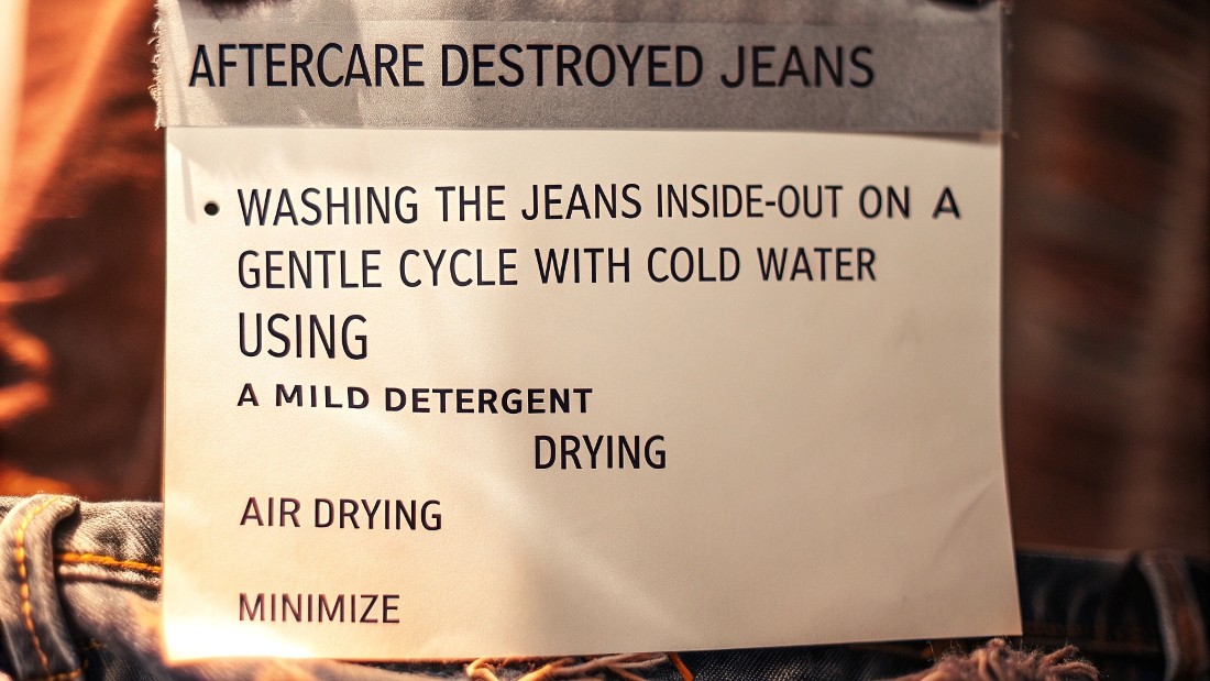 Aftercare for destroyed jeans includes washing inside-out on a gentle cycle with cold water, using a mild detergent, and avoiding tumble drying