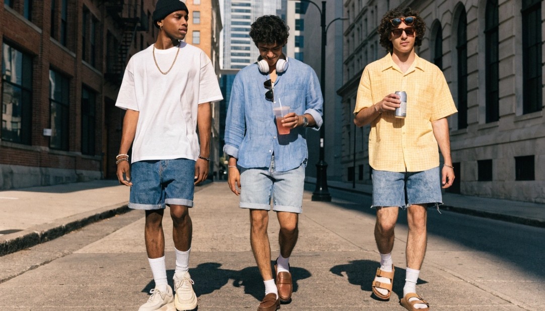 Men can style jean short shorts by balancing proportions