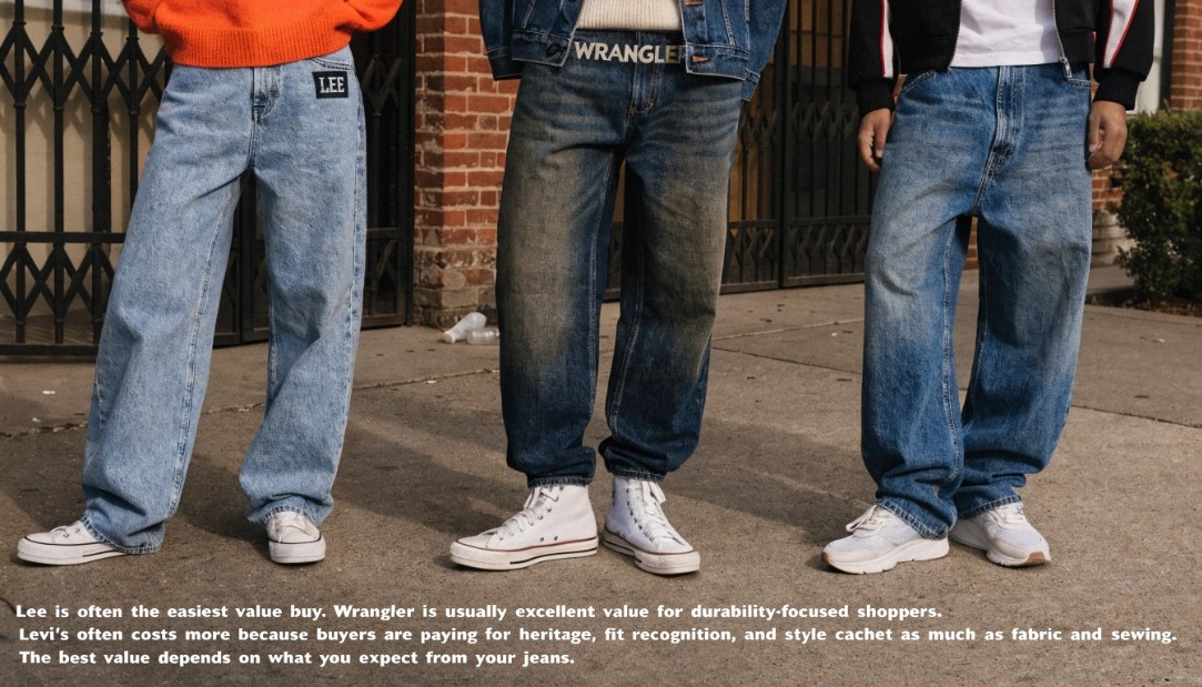 Lee is often the easiest value buy, Wrangler is usually excellent value for durability-focused shoppers
