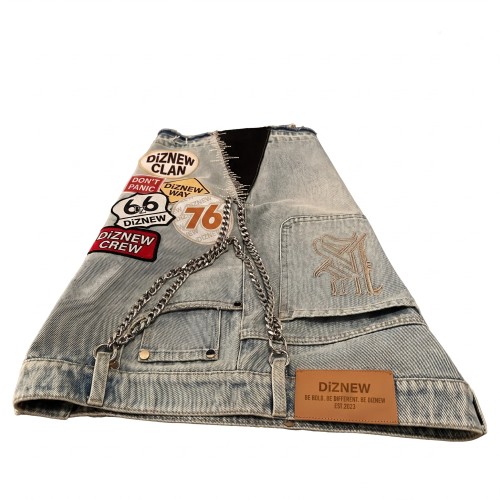 Custom Washed Denim Wholesale Embroidered Patchwork Jeans Shorts with Fringe Hem