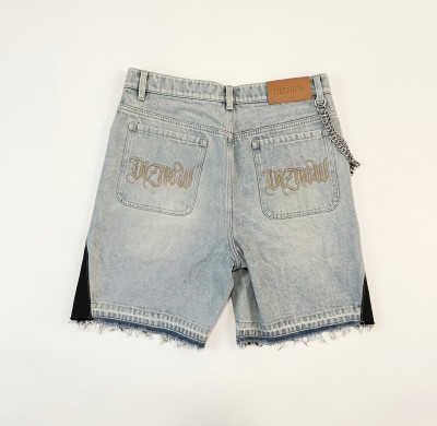 Custom Washed Denim Wholesale Embroidered Patchwork Jeans Shorts with Fringe Hem